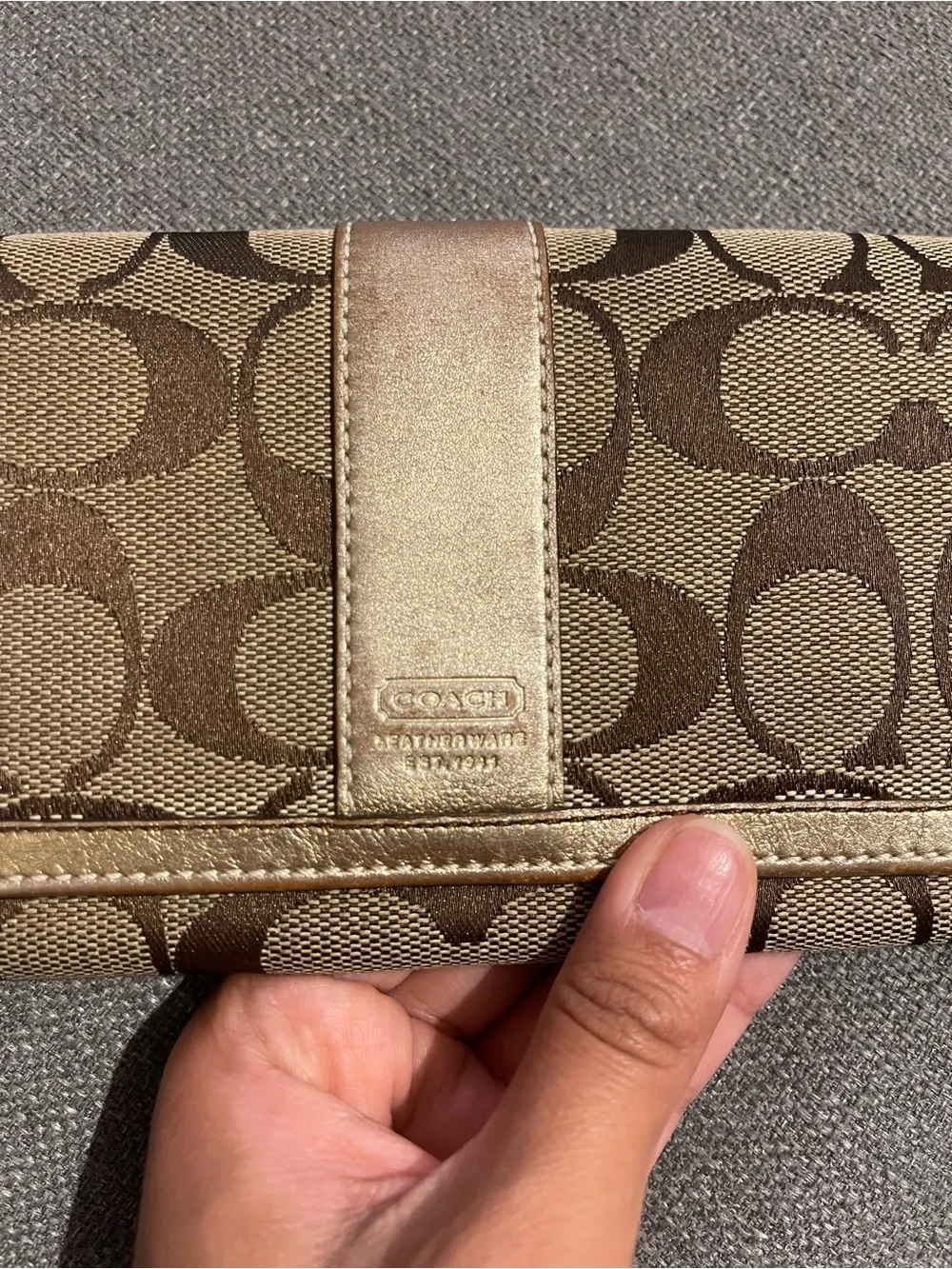 Coach Brown Signature Canvas Continental Wallet with Gold Trim